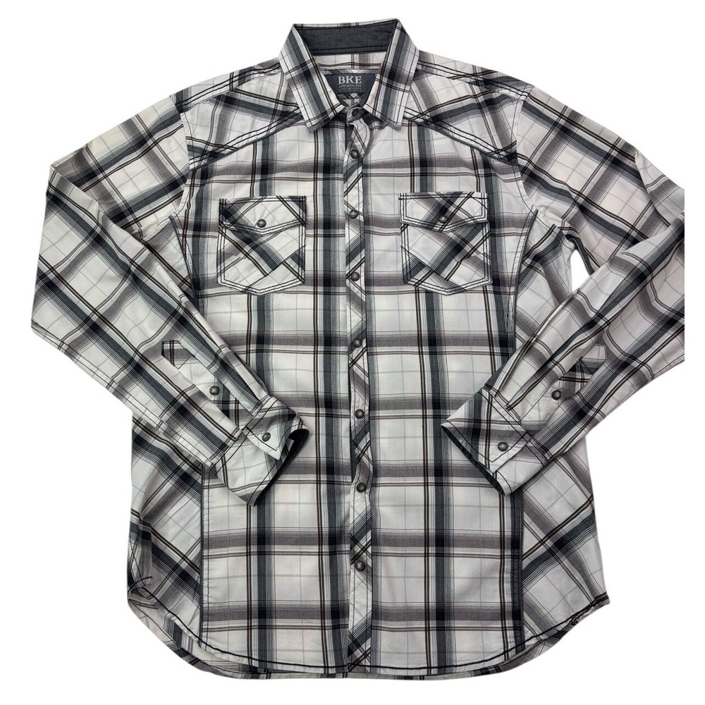 Buckle Bke Men's Large L‎ Shirt Plaid Pearl Snap Athletic Fit Rockabilly Cowboy